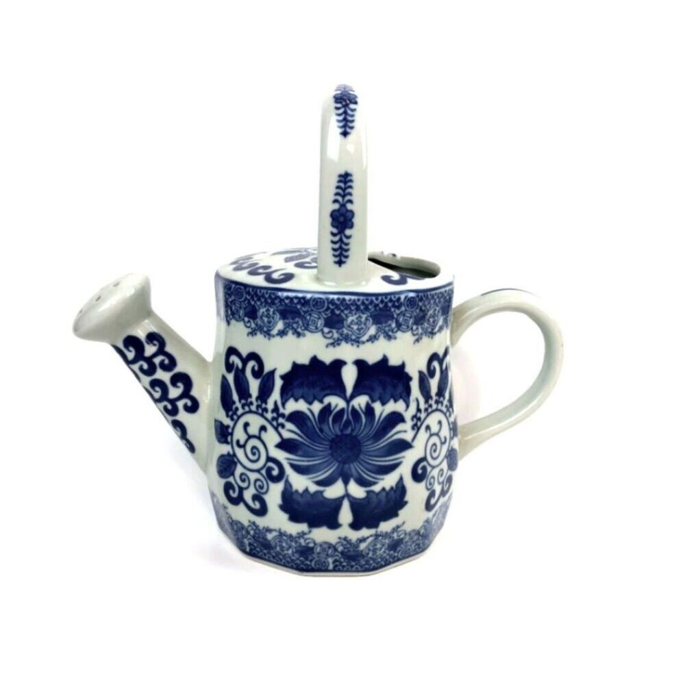 Vintage Blue & White Chinoiserie Watering Can – 2 Handle Ceramic Floral